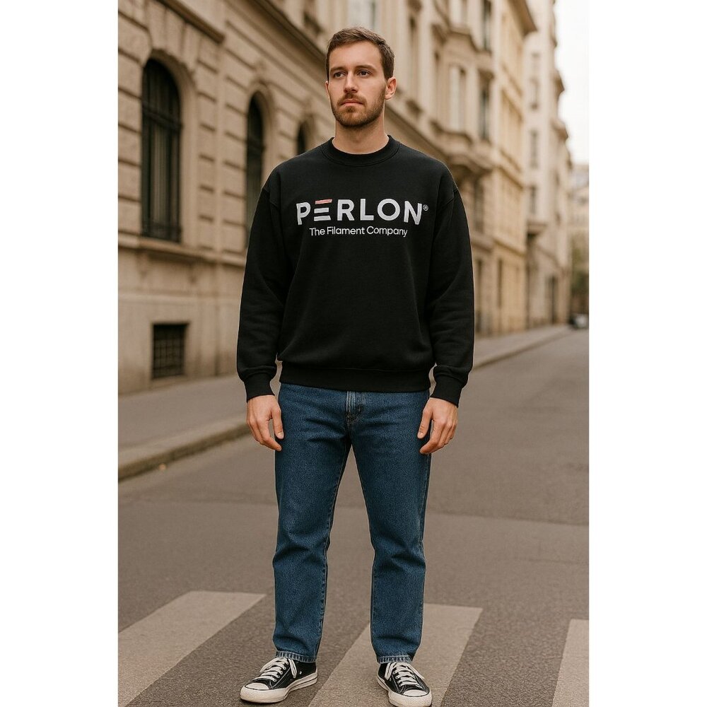 Vintage Hanes Ultimate  PERLON Logo Sweatshirt XL Black Crewneck 90s USA Y2K